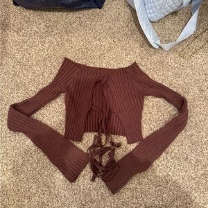 Brown tie front off the shoulder long sleeve knit sweater